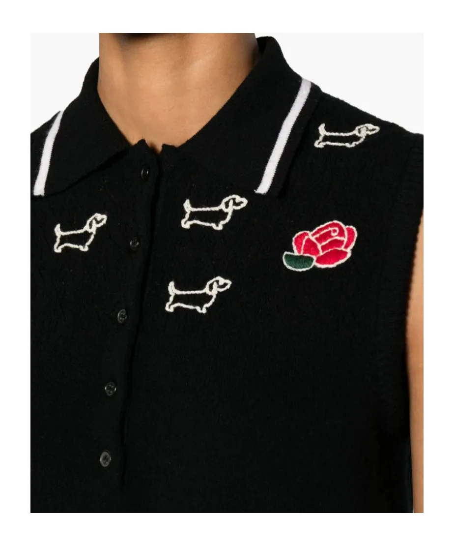 Thom Browne Hector-Embroidered Knitted Polo Top