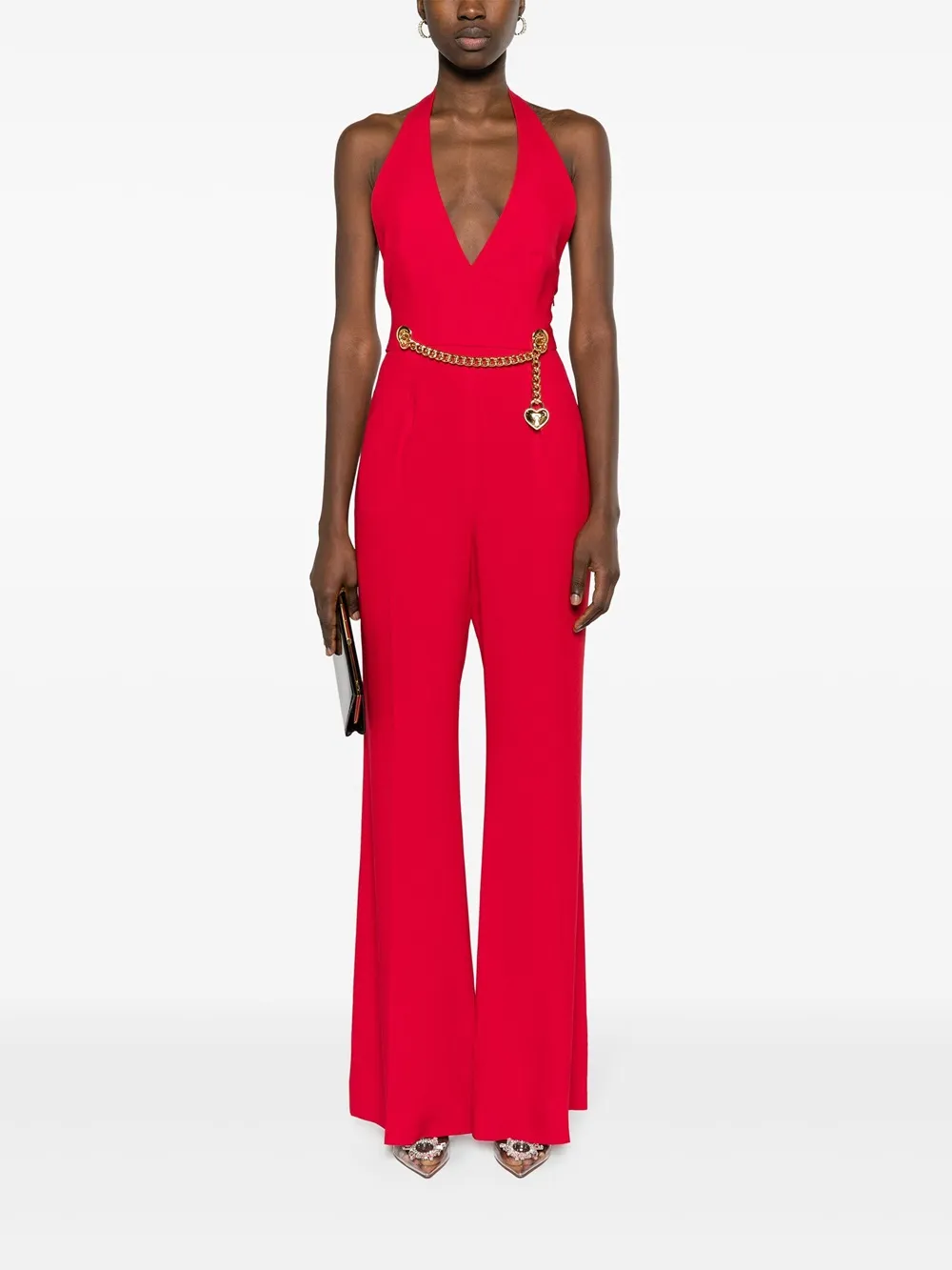 Moschino Chain-Embellished Open-Back Haltrneck Jumpsuit