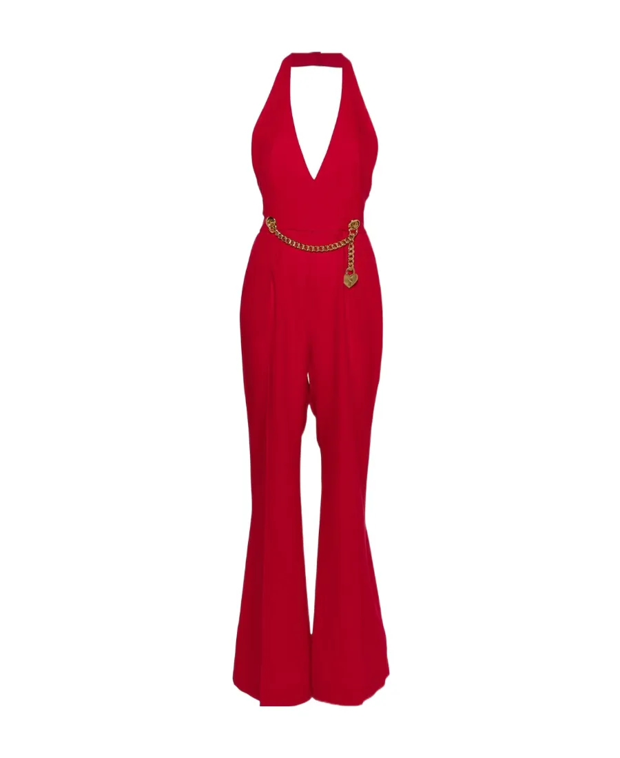 Moschino Chain-Embellished Open-Back Haltrneck Jumpsuit