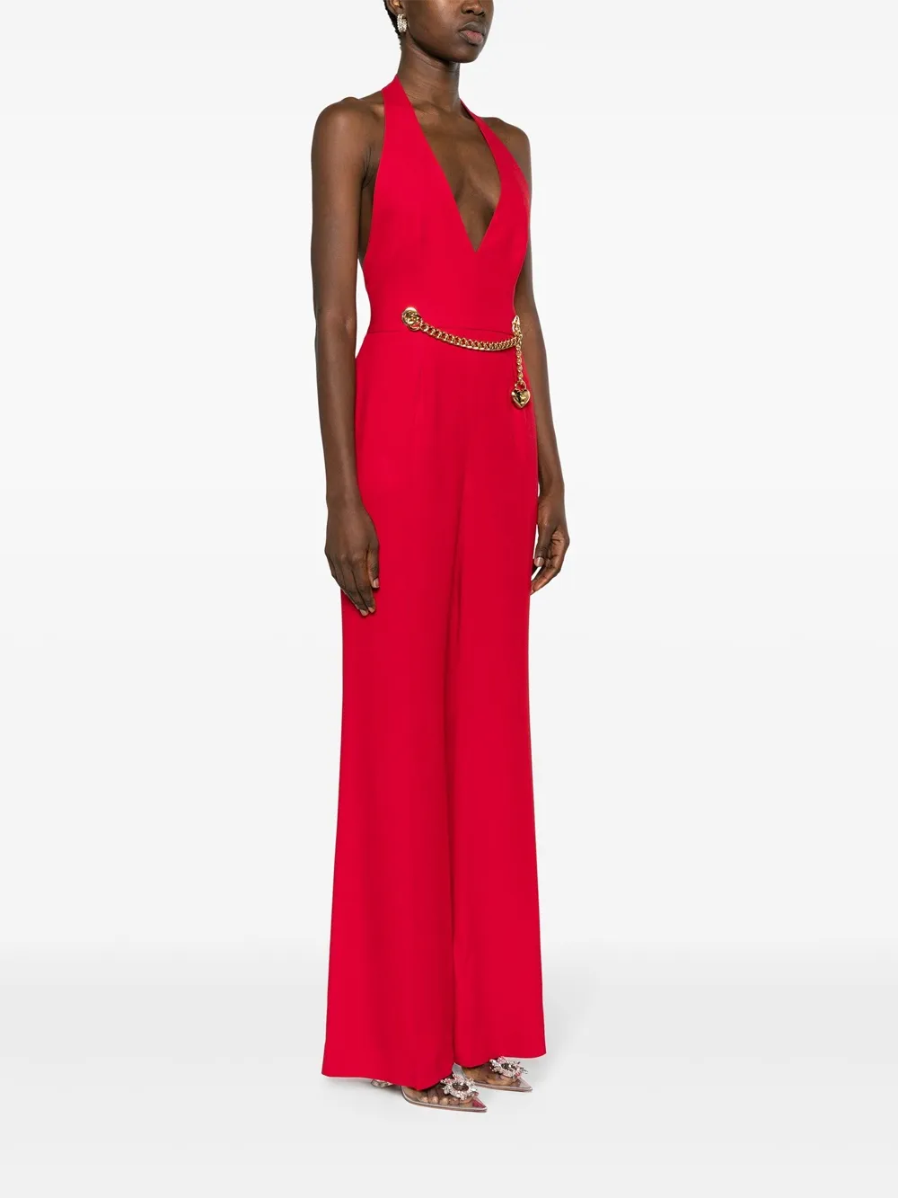 Moschino Chain-Embellished Open-Back Haltrneck Jumpsuit