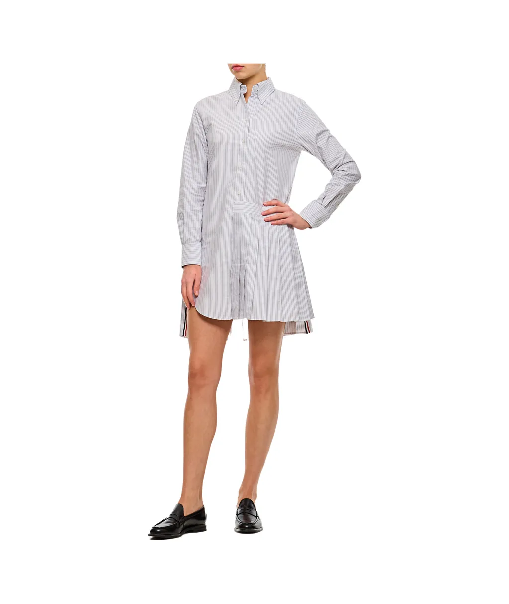 Thom Browne Button-Up Pleated Striped Shirt Dress