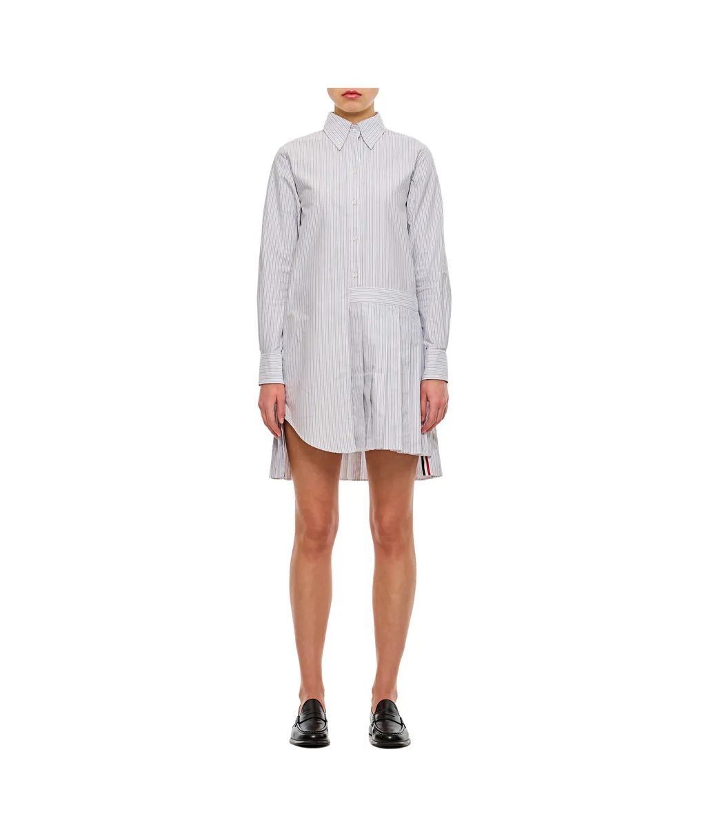 Thom Browne Button-Up Pleated Striped Shirt Dress