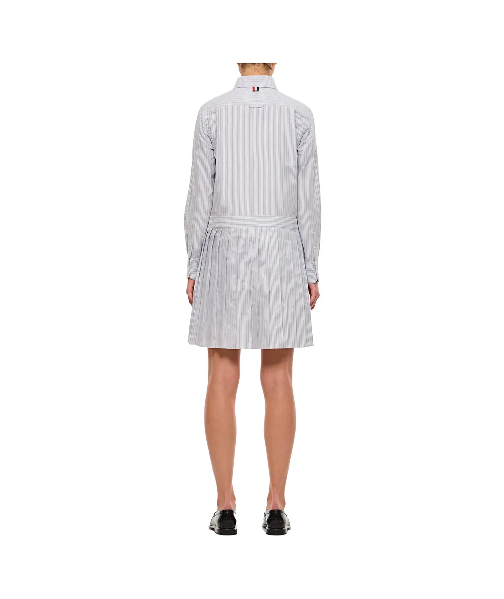 Thom Browne Button-Up Pleated Striped Shirt Dress