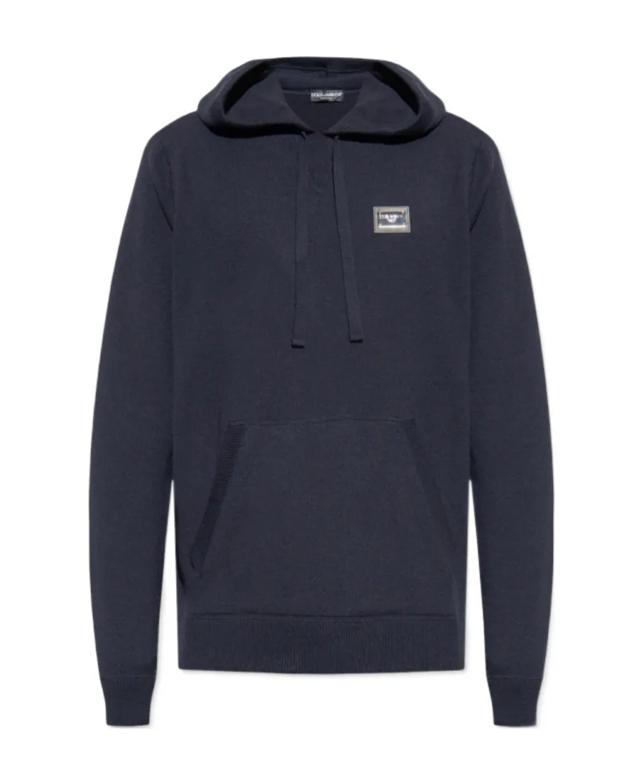 Dolce & Gabbana Logo Plaque Knitted Drawstring Hoodie