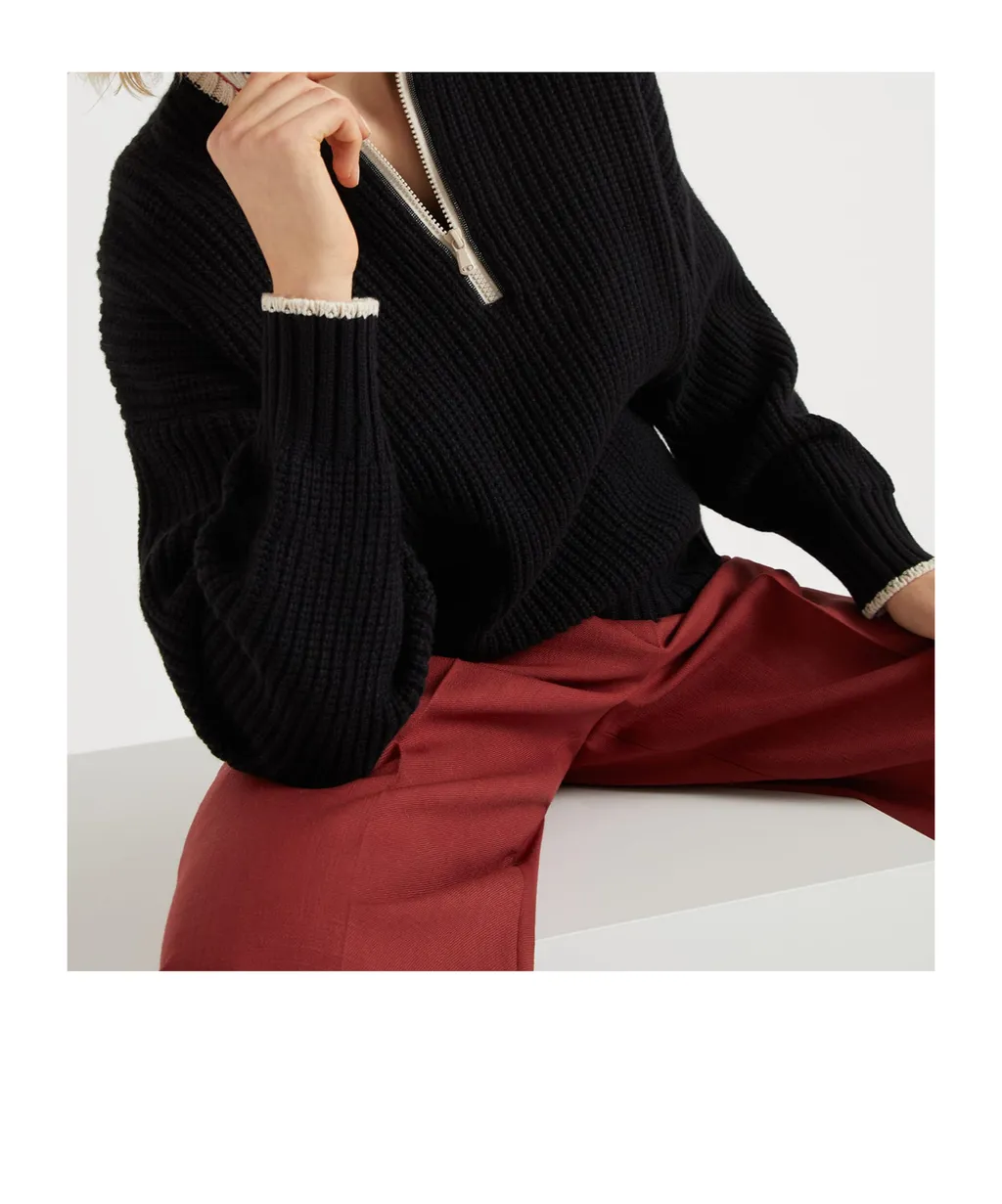 Striped Ribbed Knit Cashmere Sweater