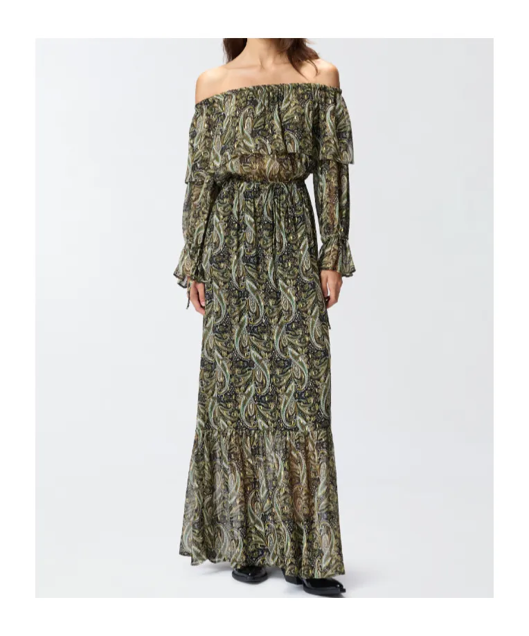 Paisley-Print Off-Shoulder Maxi Dress