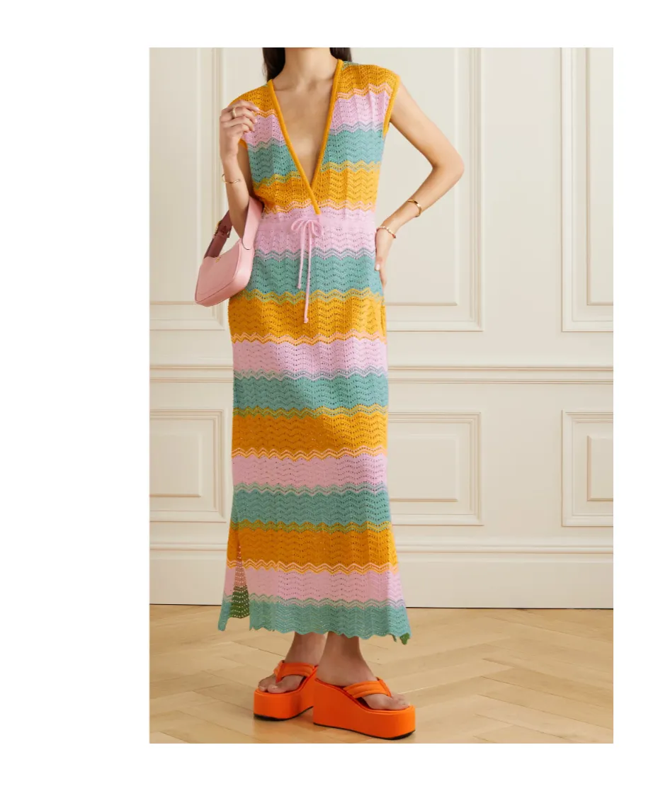 Salty Skin Striped Crocheted Cotton Maxi Dress