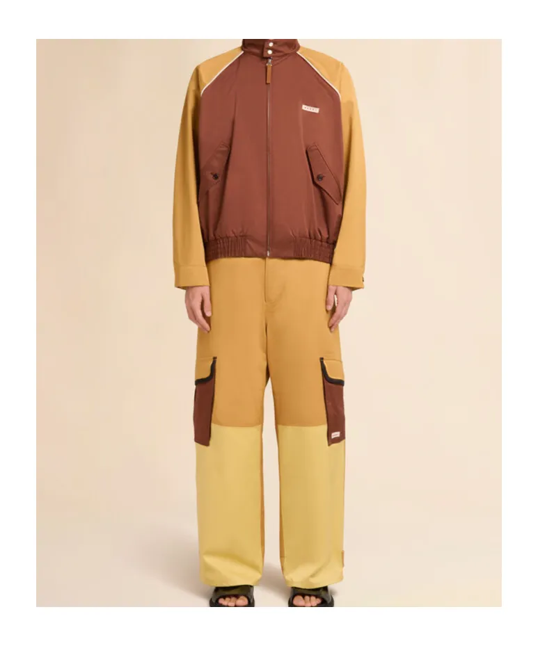 Brown Water-Repellent Gabardine Colour-Block Bomber Jacket