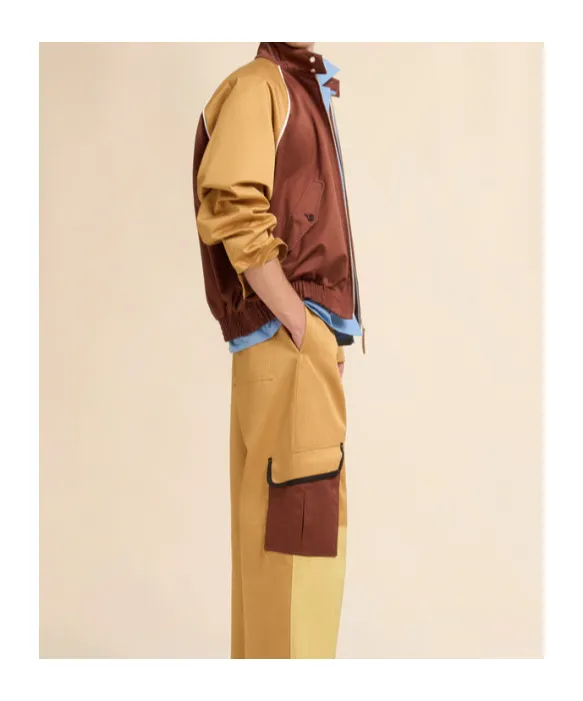 Brown Water-Repellent Gabardine Colour-Block Bomber Jacket