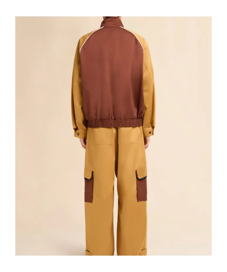 Brown Water-Repellent Gabardine Colour-Block Bomber Jacket