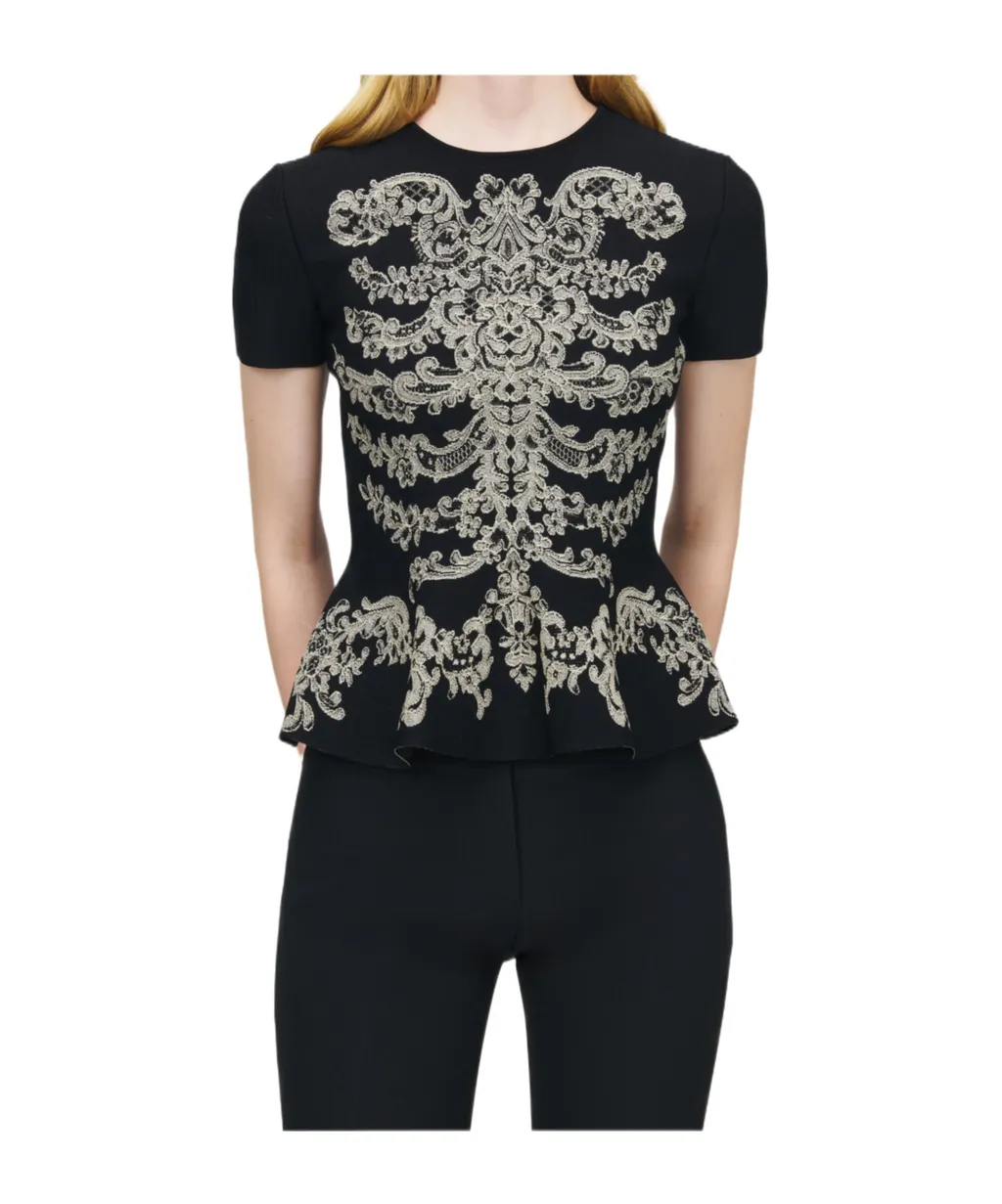 Lace Ribcage Jacquard Peplum Top In Black