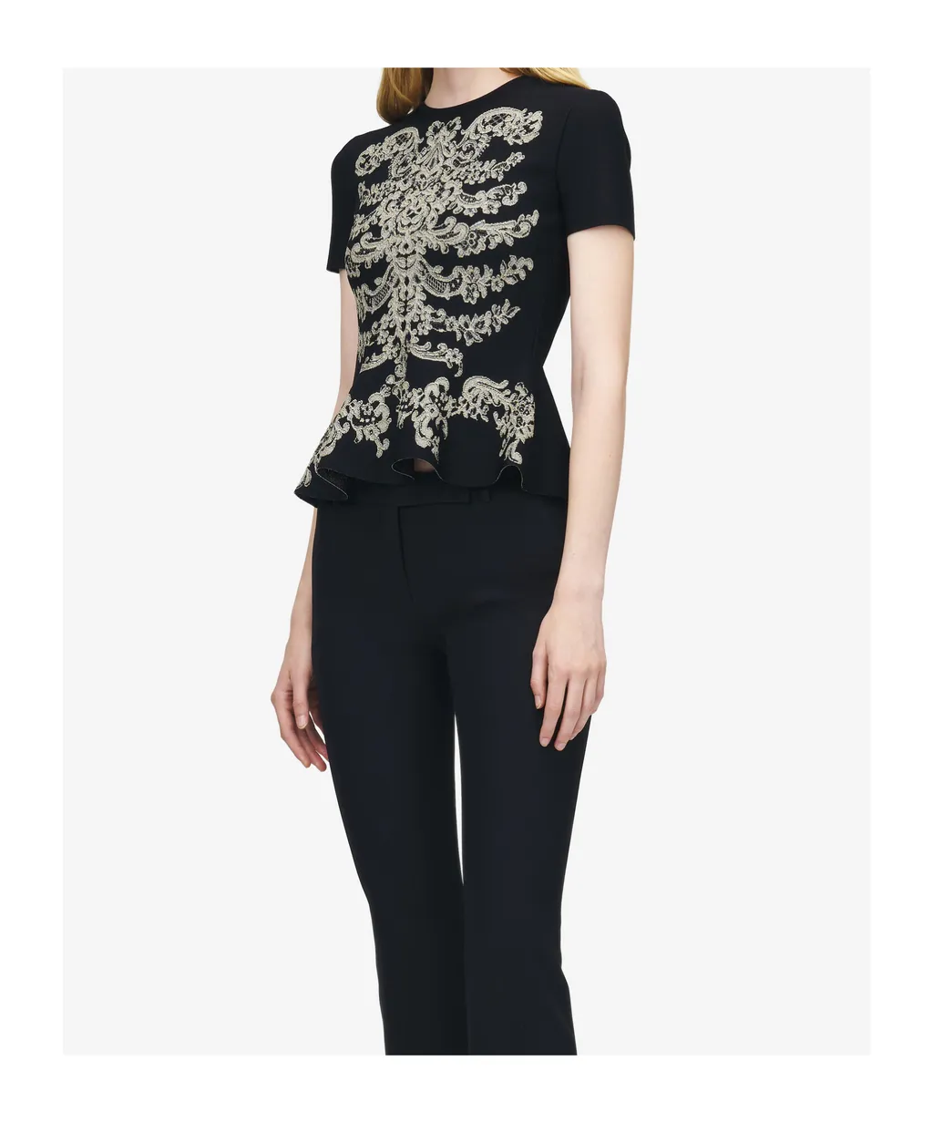 Lace Ribcage Jacquard Peplum Top In Black