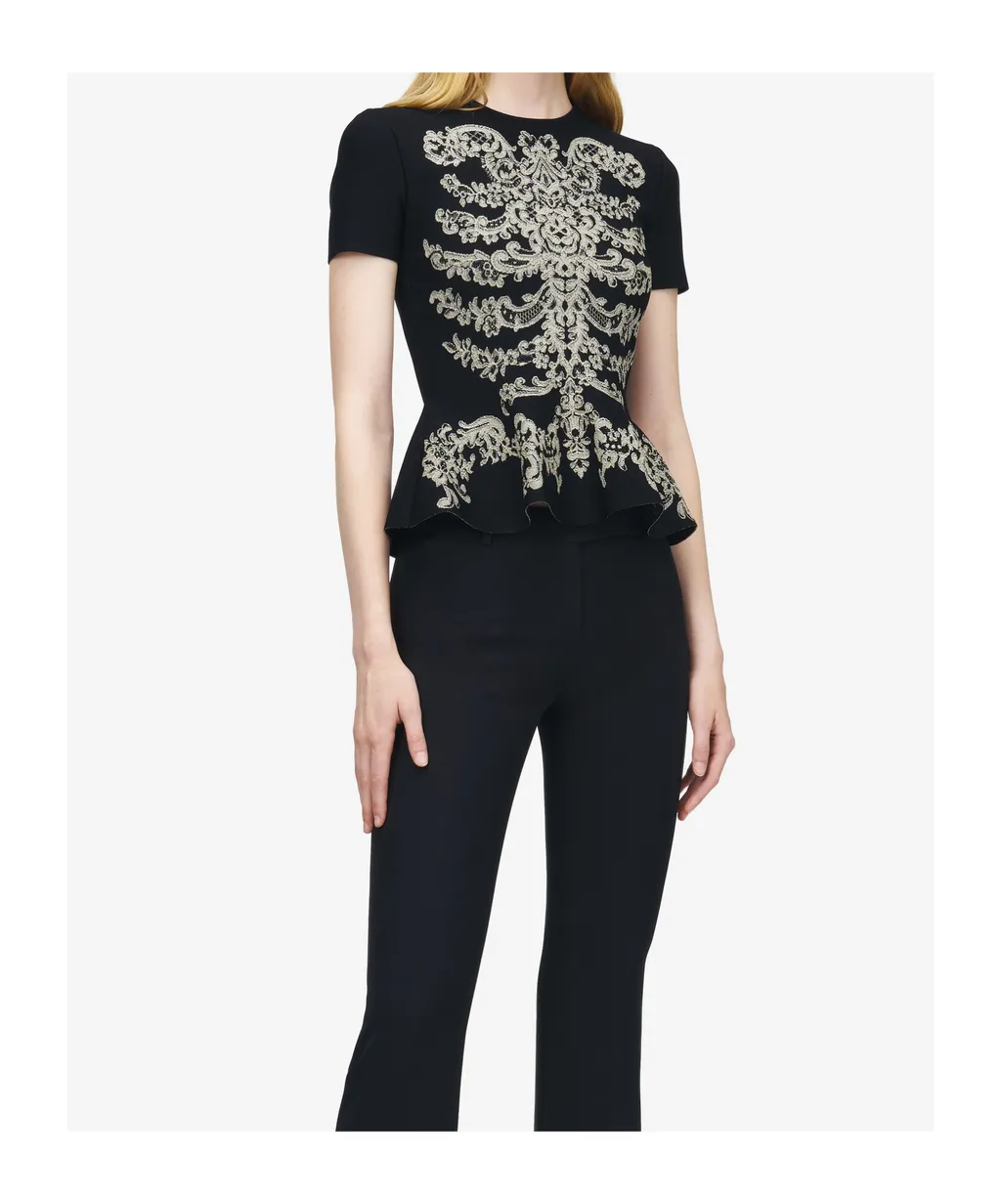 Lace Ribcage Jacquard Peplum Top In Black