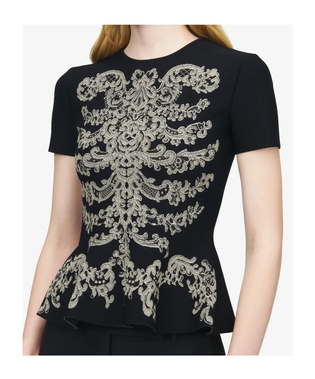 Lace Ribcage Jacquard Peplum Top In Black