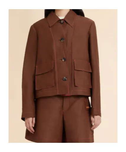Brown Viscose-Ramie Jacket With Cargo Pockets