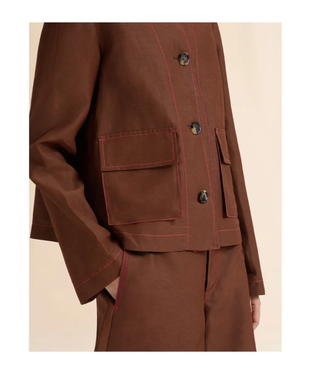 Brown Viscose-Ramie Jacket With Cargo Pockets