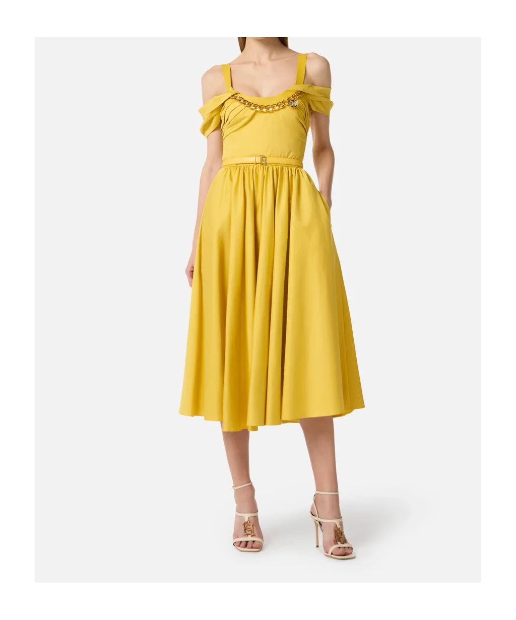Stretch Cotton Dress With Jewel Chain