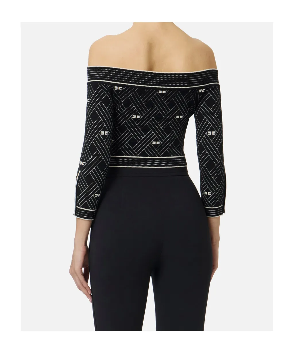 Top In Knit Fabric With Diamond-Shaped Jacquard Fabric
