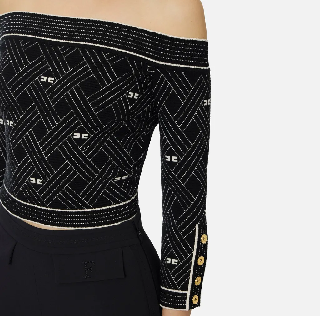 Top In Knit Fabric With Diamond-Shaped Jacquard Fabric