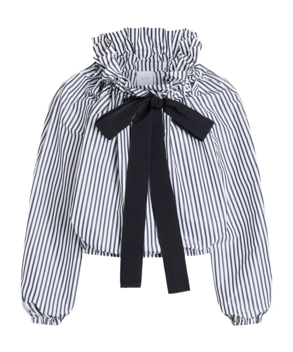 Striped Ruffled-Neck Bow-Tie Blouse