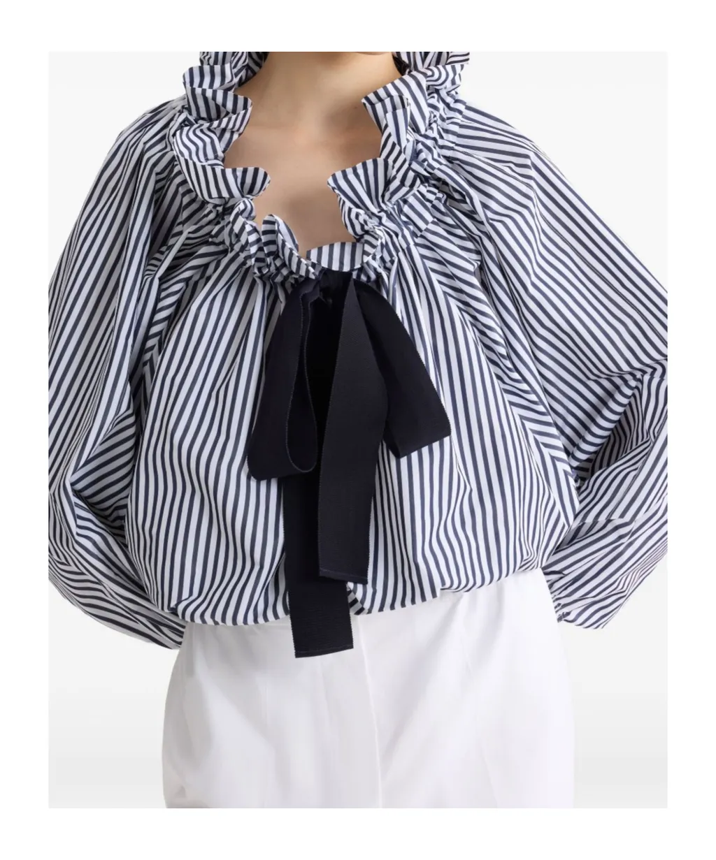Striped Ruffled-Neck Bow-Tie Blouse