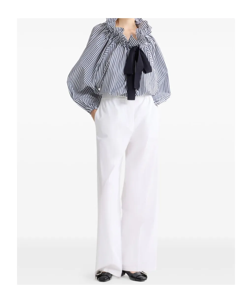 Striped Ruffled-Neck Bow-Tie Blouse