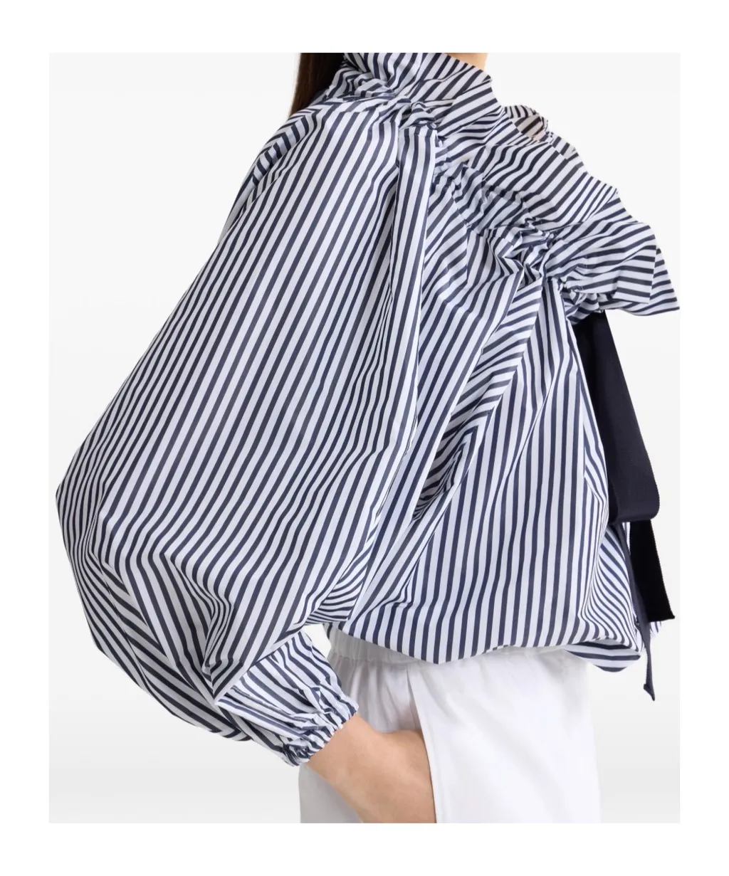 Striped Ruffled-Neck Bow-Tie Blouse