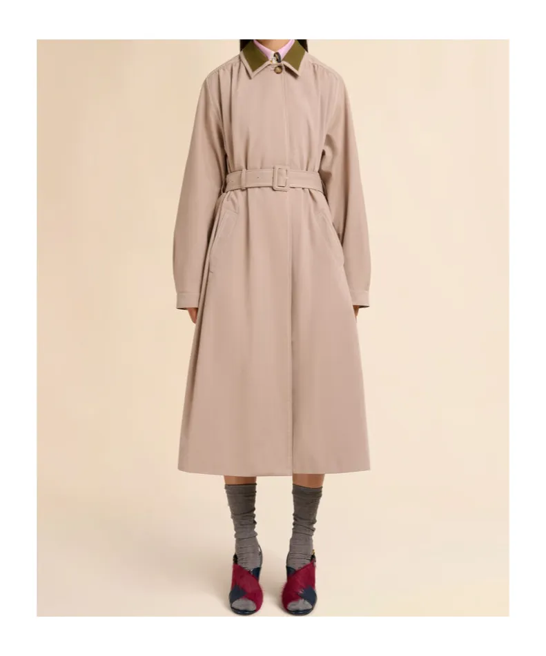 Beige Gabardine Trench Coat With Contrast Collar
