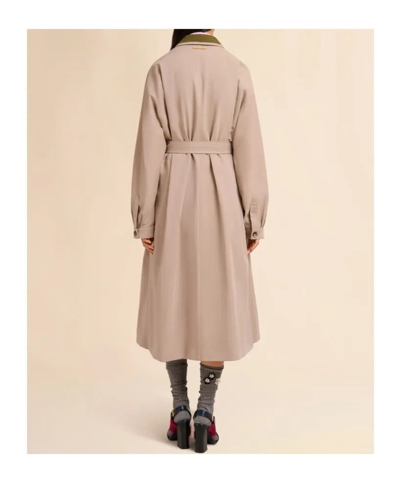 Beige Gabardine Trench Coat With Contrast Collar