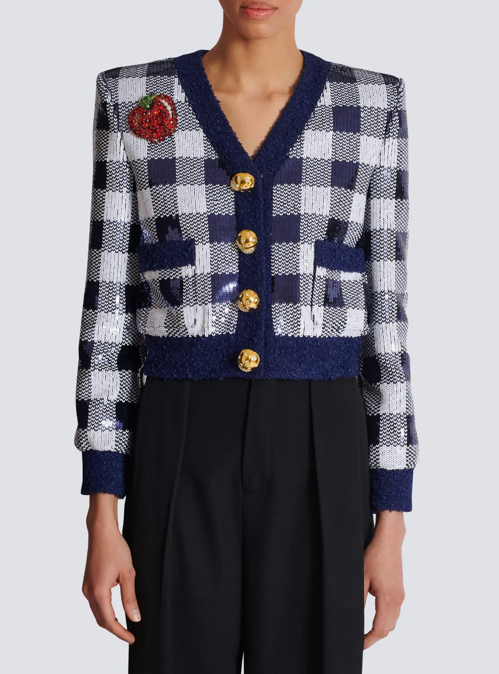 Cropped Jacket In Gingham Sequins