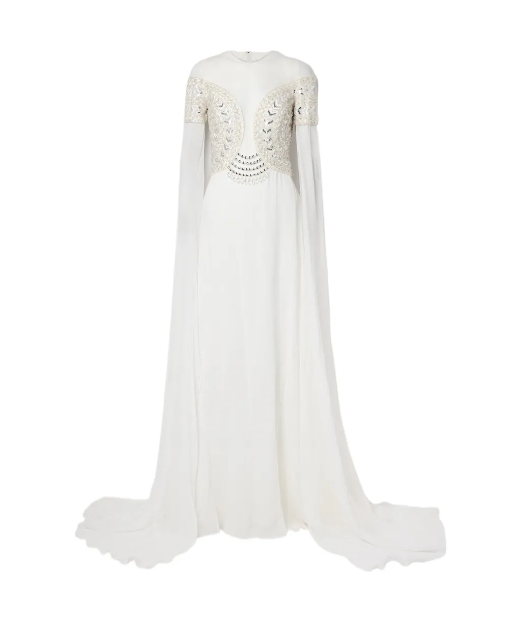 Tulle-Trimmed Embellished Georgette Gown