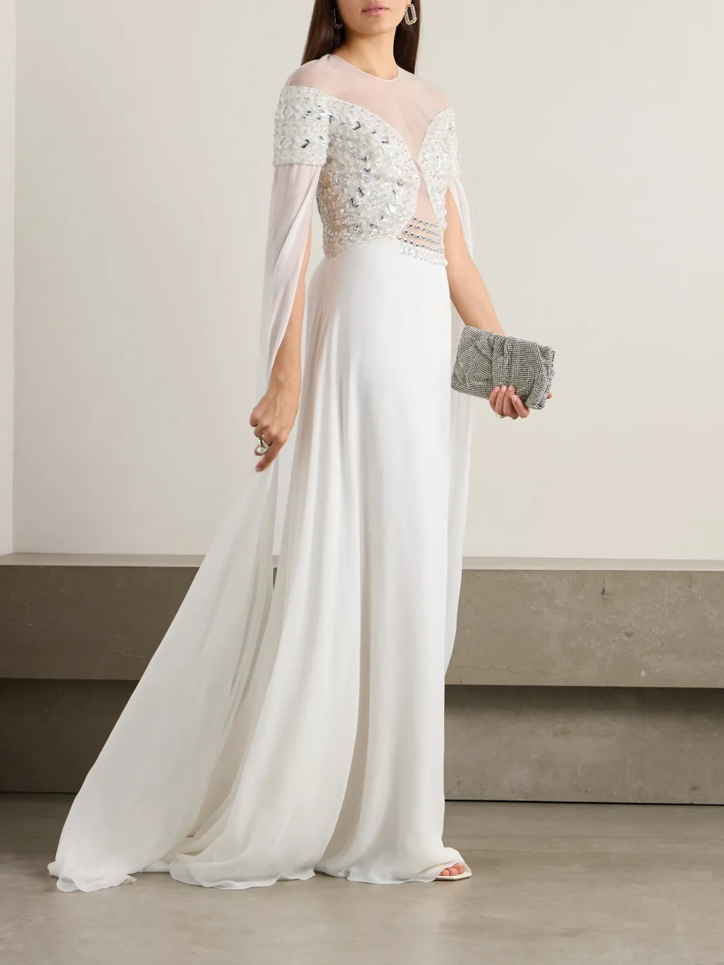 Tulle-Trimmed Embellished Georgette Gown