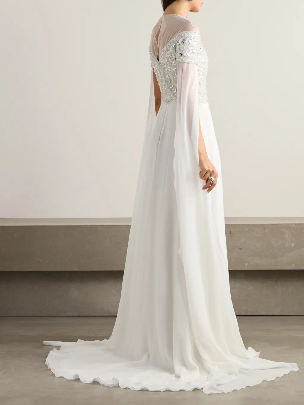 Tulle-Trimmed Embellished Georgette Gown