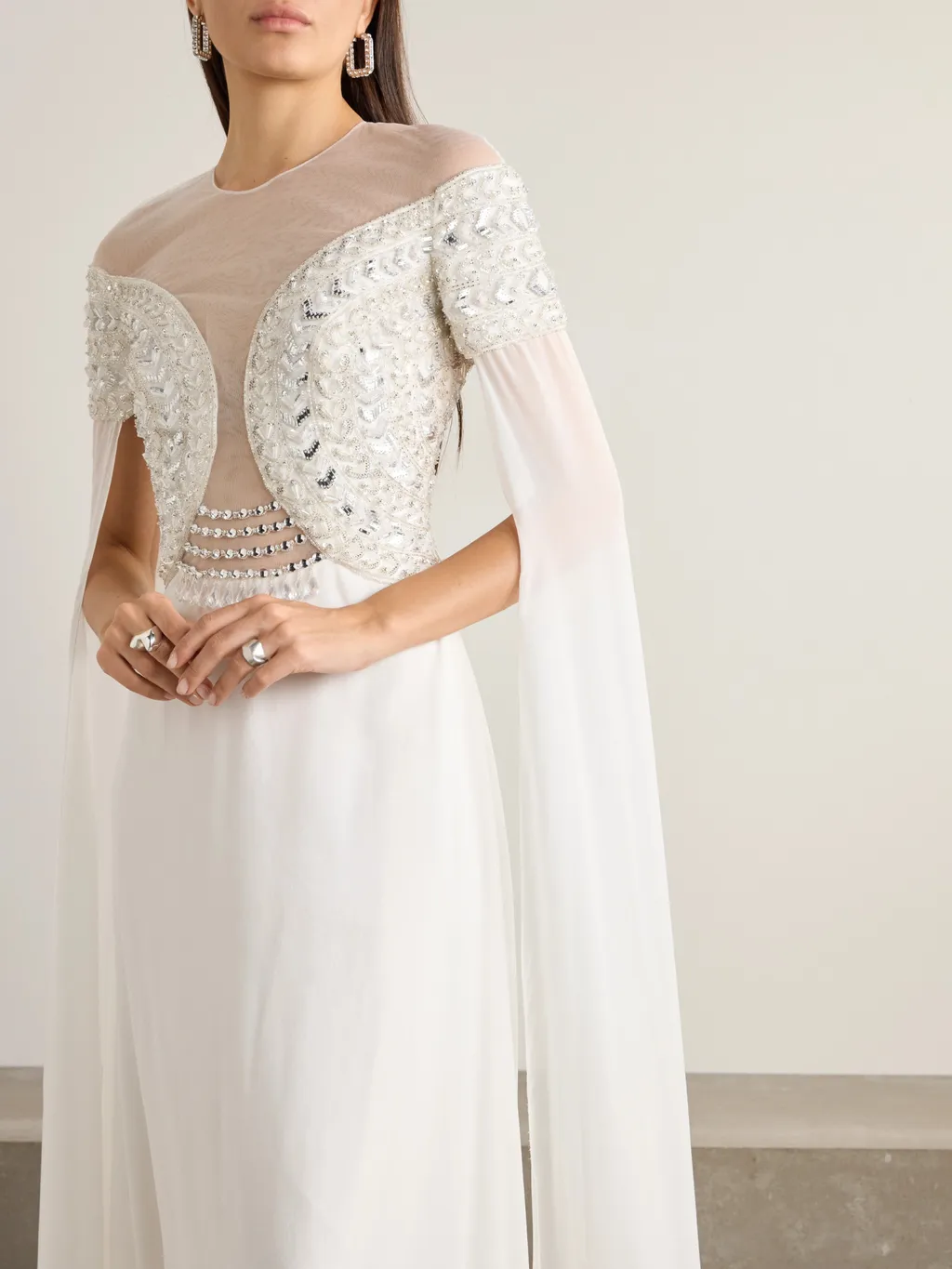 Tulle-Trimmed Embellished Georgette Gown