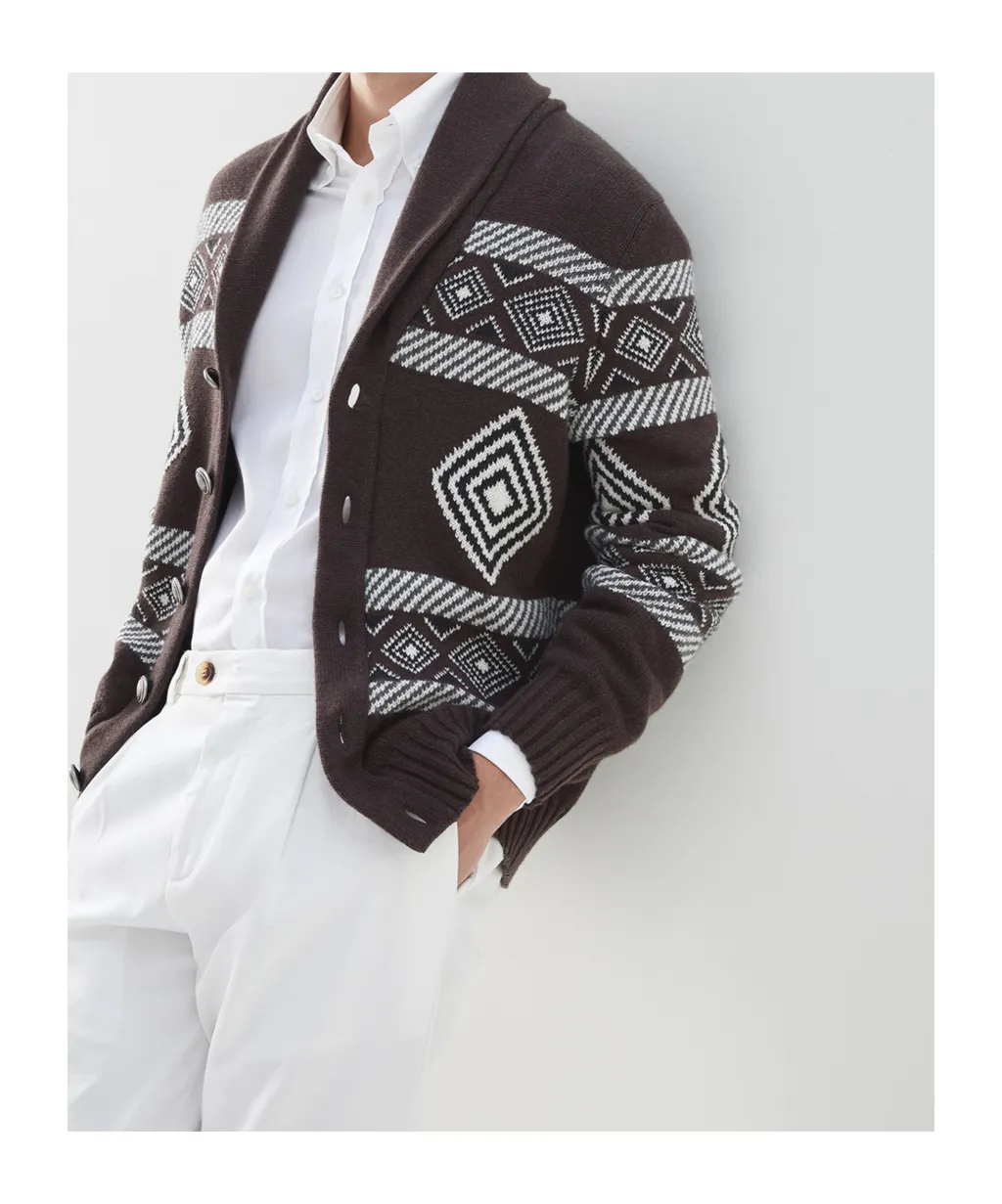 Cashmere Pattern-Intarsia Cardigan