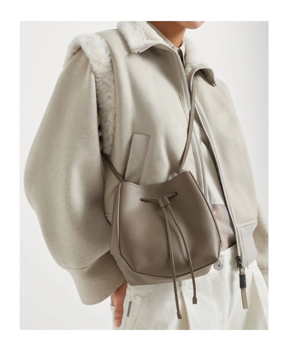 Monili-Embellished Leather Bucket Bag