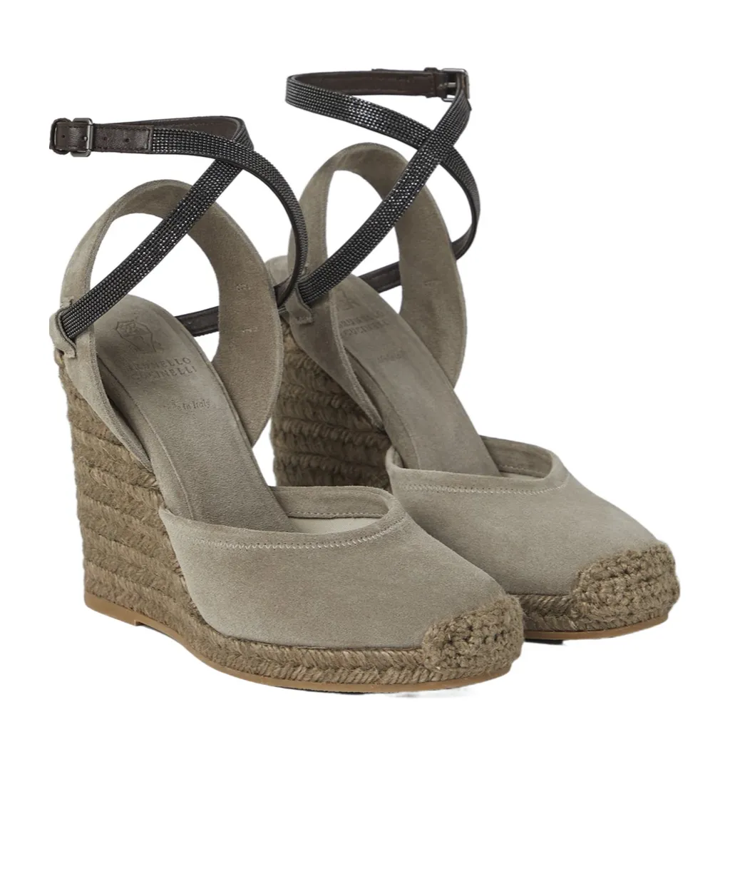 Monili-Embellished Suede Wedge Sandals