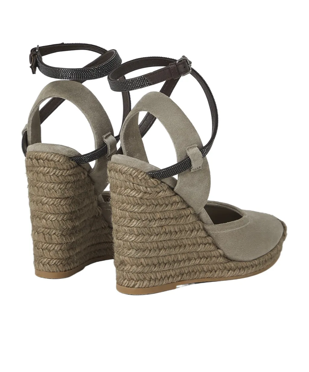 Monili-Embellished Suede Wedge Sandals