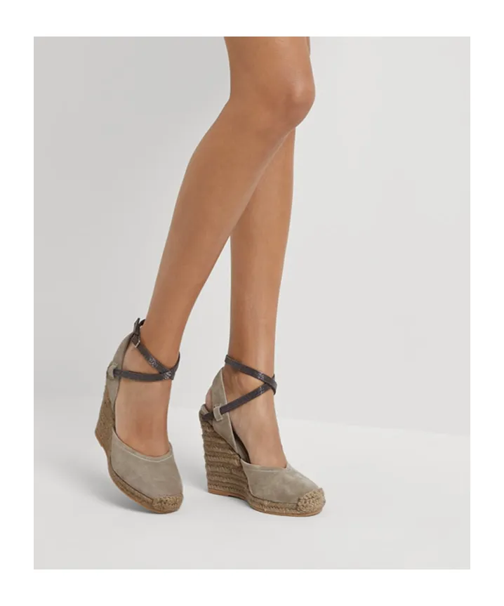Monili-Embellished Suede Wedge Sandals