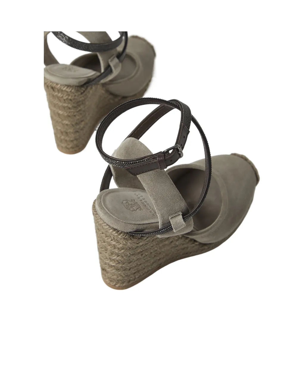 Monili-Embellished Suede Wedge Sandals