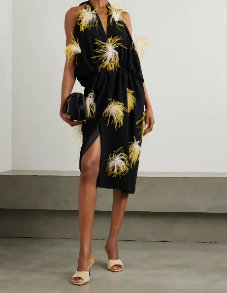 Asymmetric Feather Trim Pleated Crepe DÉColletage Dress
