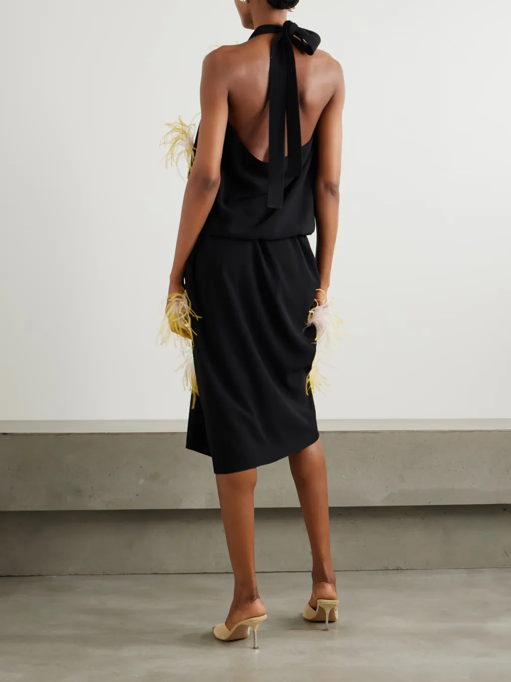 Asymmetric Feather Trim Pleated Crepe DÉColletage Dress