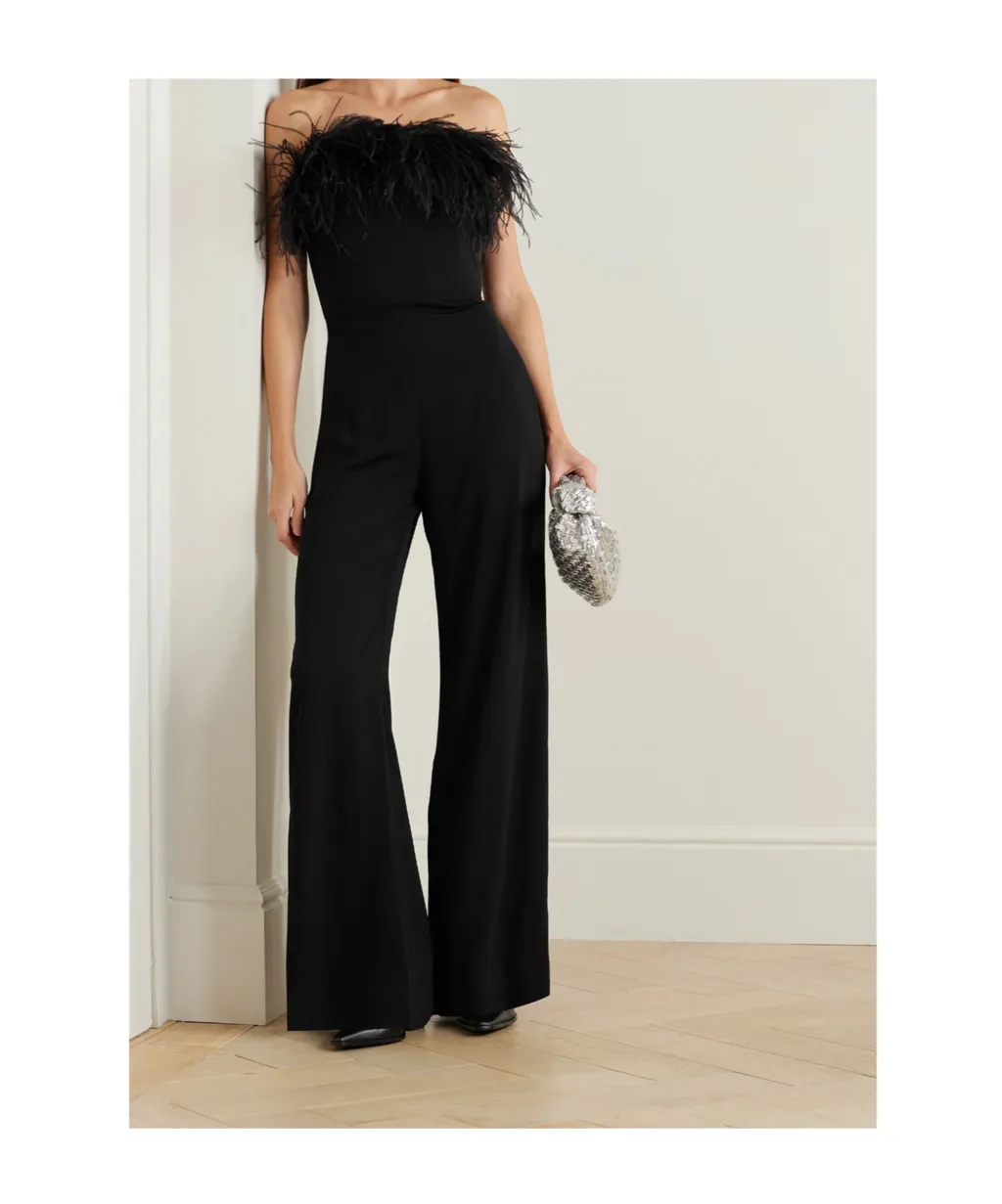 Taree Feather-Trimmed Strapless Jumpsuit