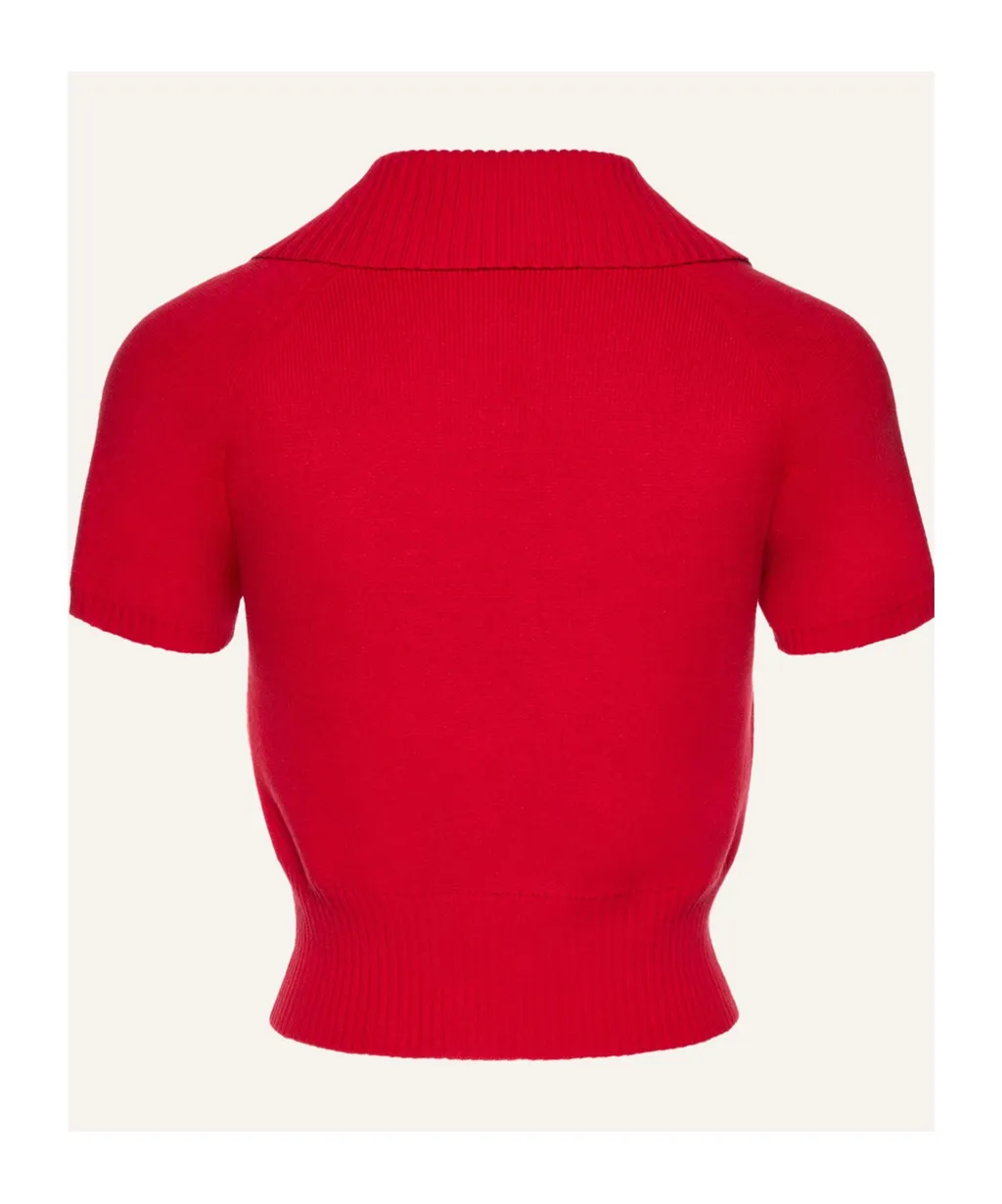 Short-Sleeve Buttoned Cropped Sweater In Red