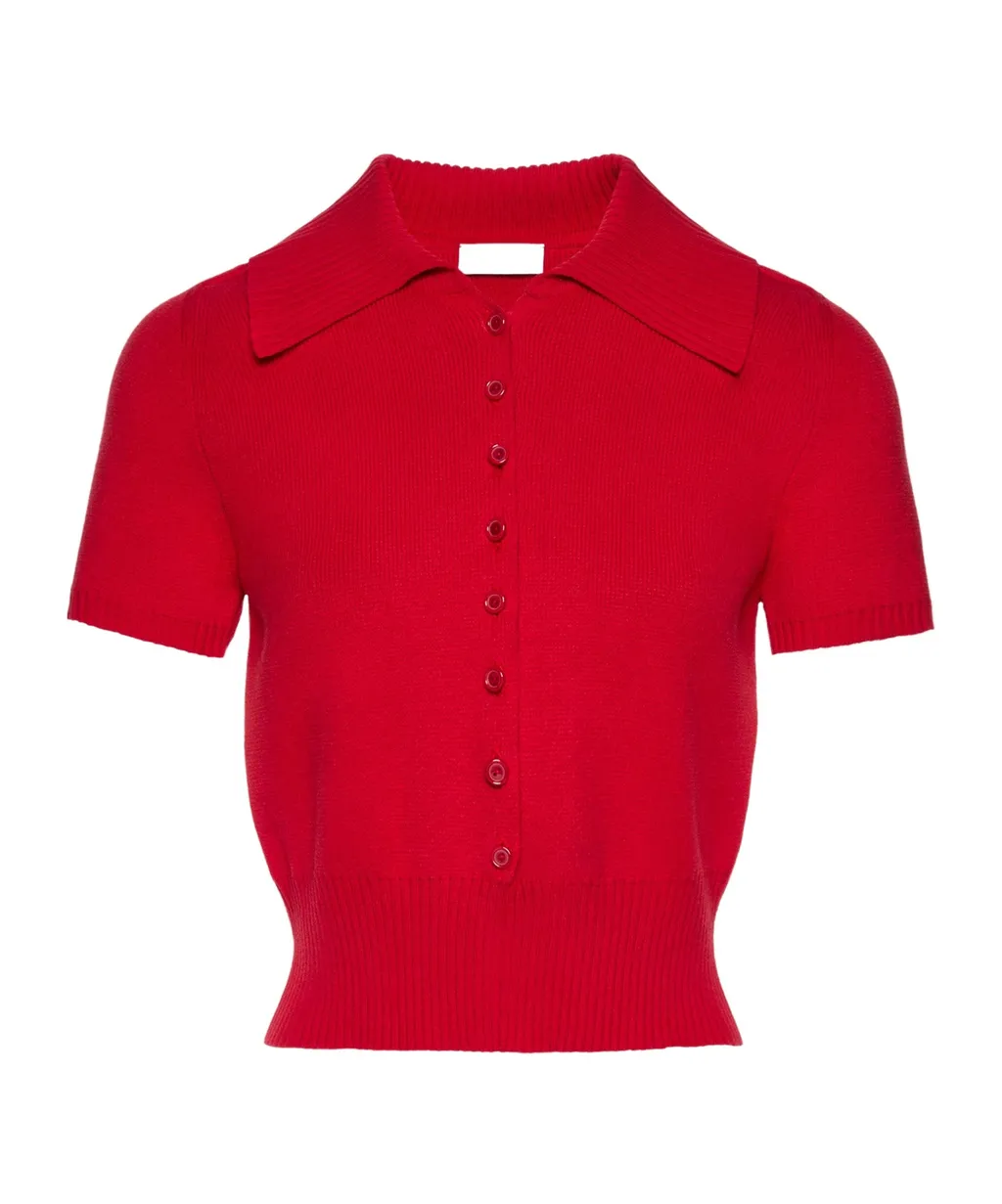 Short-Sleeve Buttoned Cropped Sweater In Red