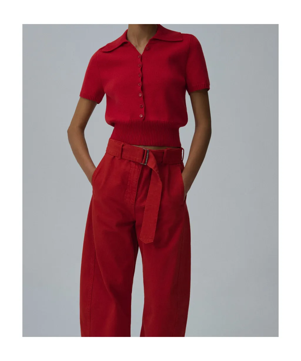 Short-Sleeve Buttoned Cropped Sweater In Red