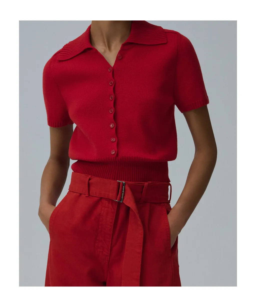 Short-Sleeve Buttoned Cropped Sweater In Red