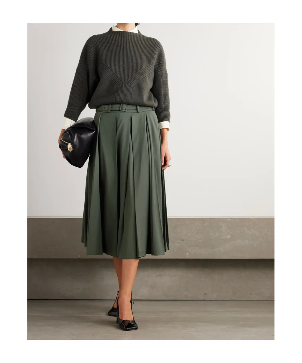 Belted Pleated Midi Skirt