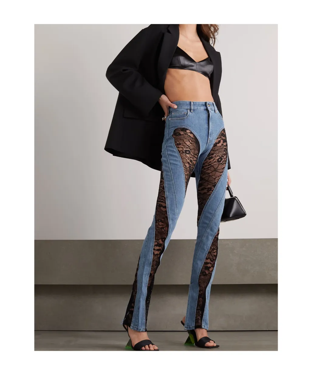 Lace-Trimmed High-Waisted Jeans