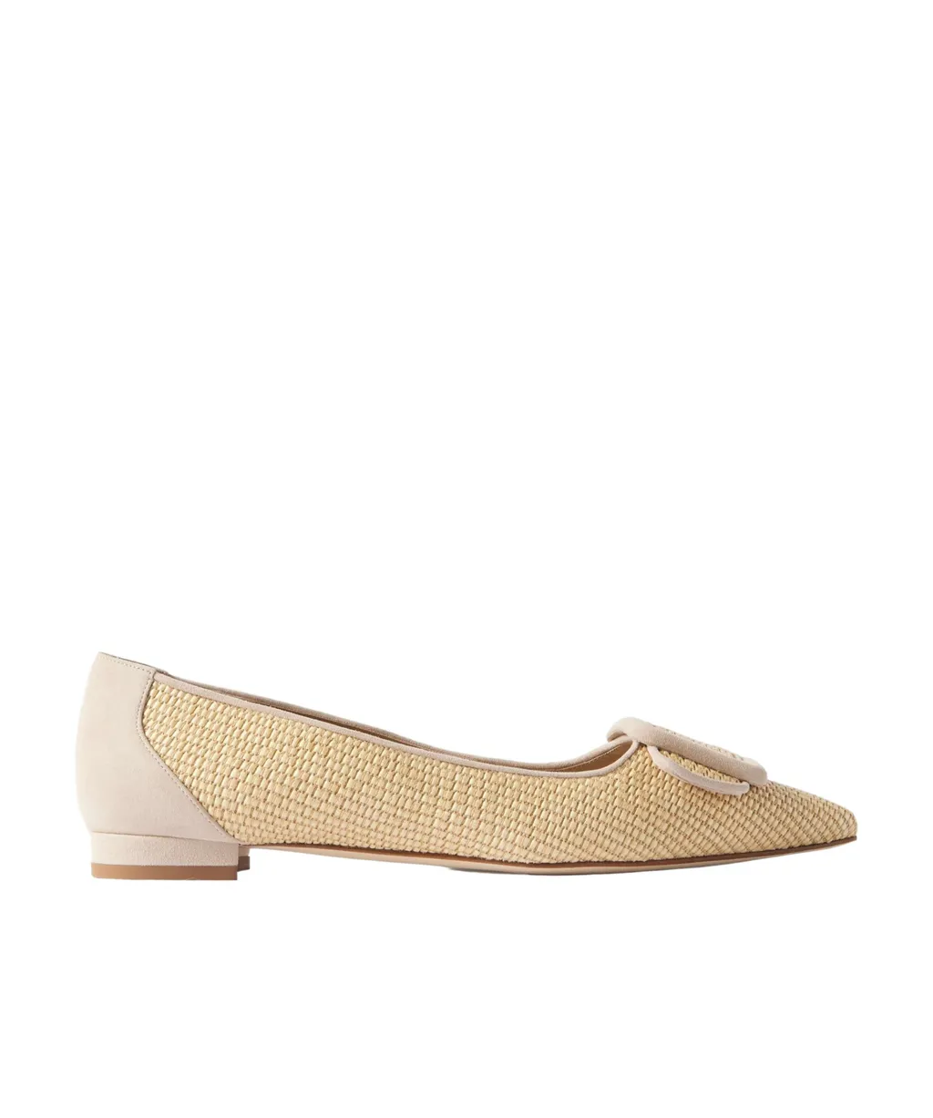 Maysale Suede-Trimmed Raffia Point-Toe Flats